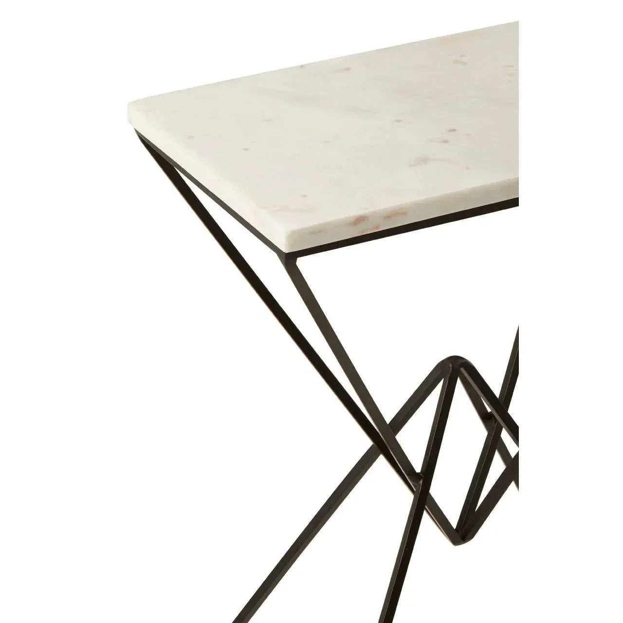 White marble console table with geometric black metal frame, close-up corner view