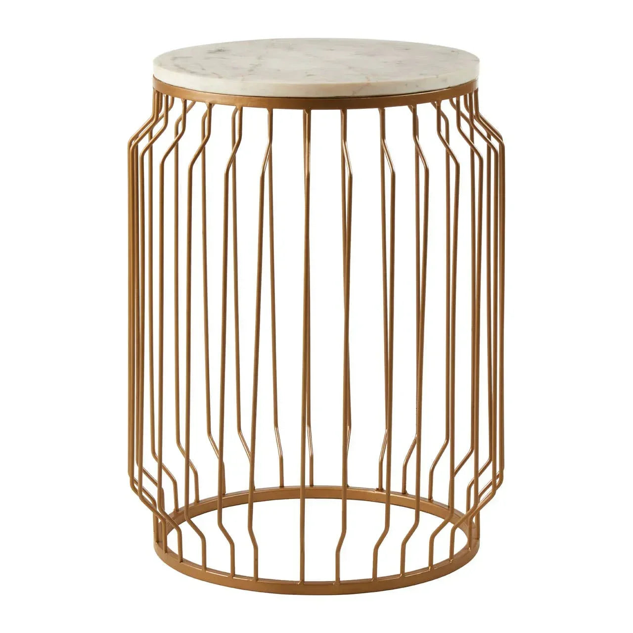 Round marble top side table with gold metal wire base