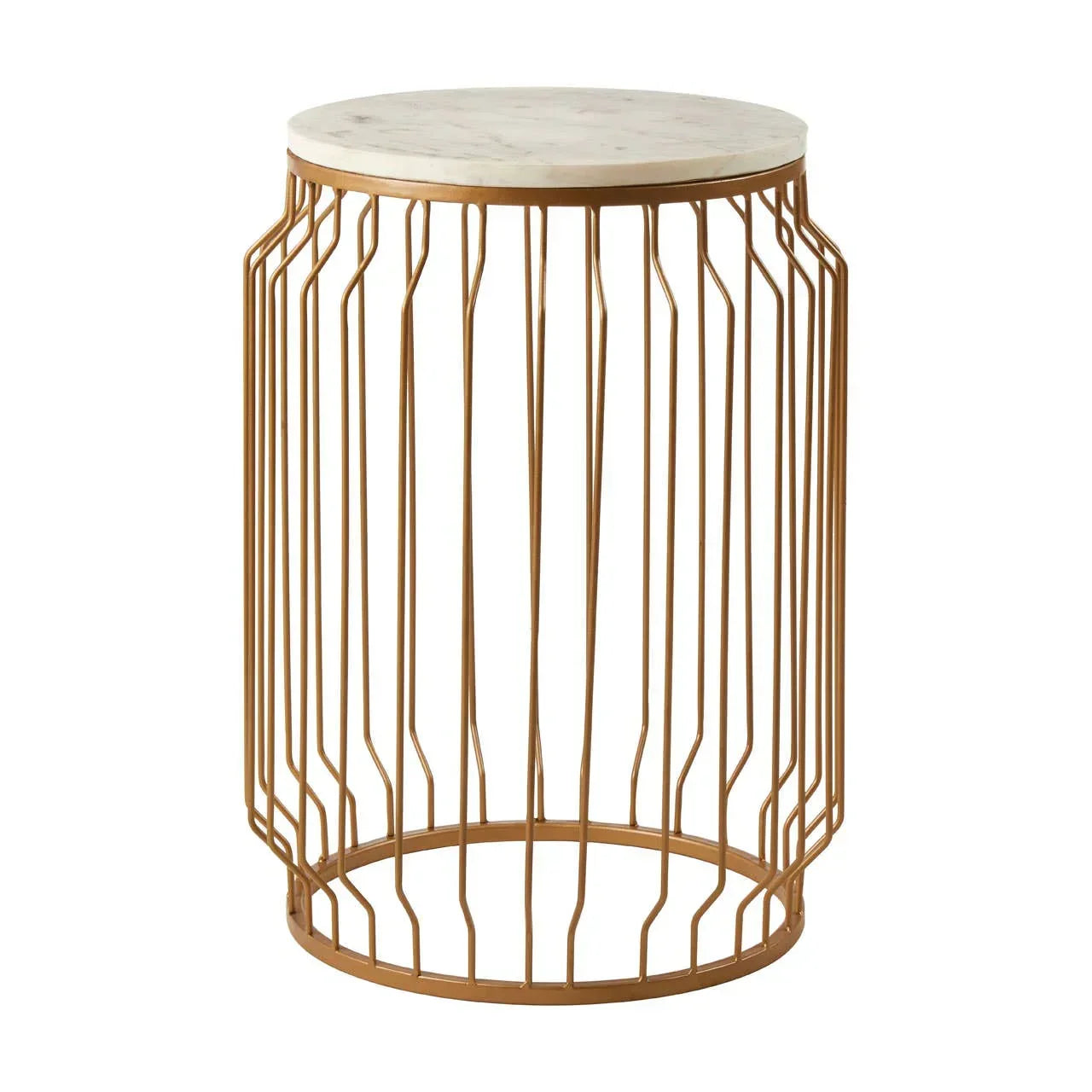 Round side table with gold wire metal base and white marble top