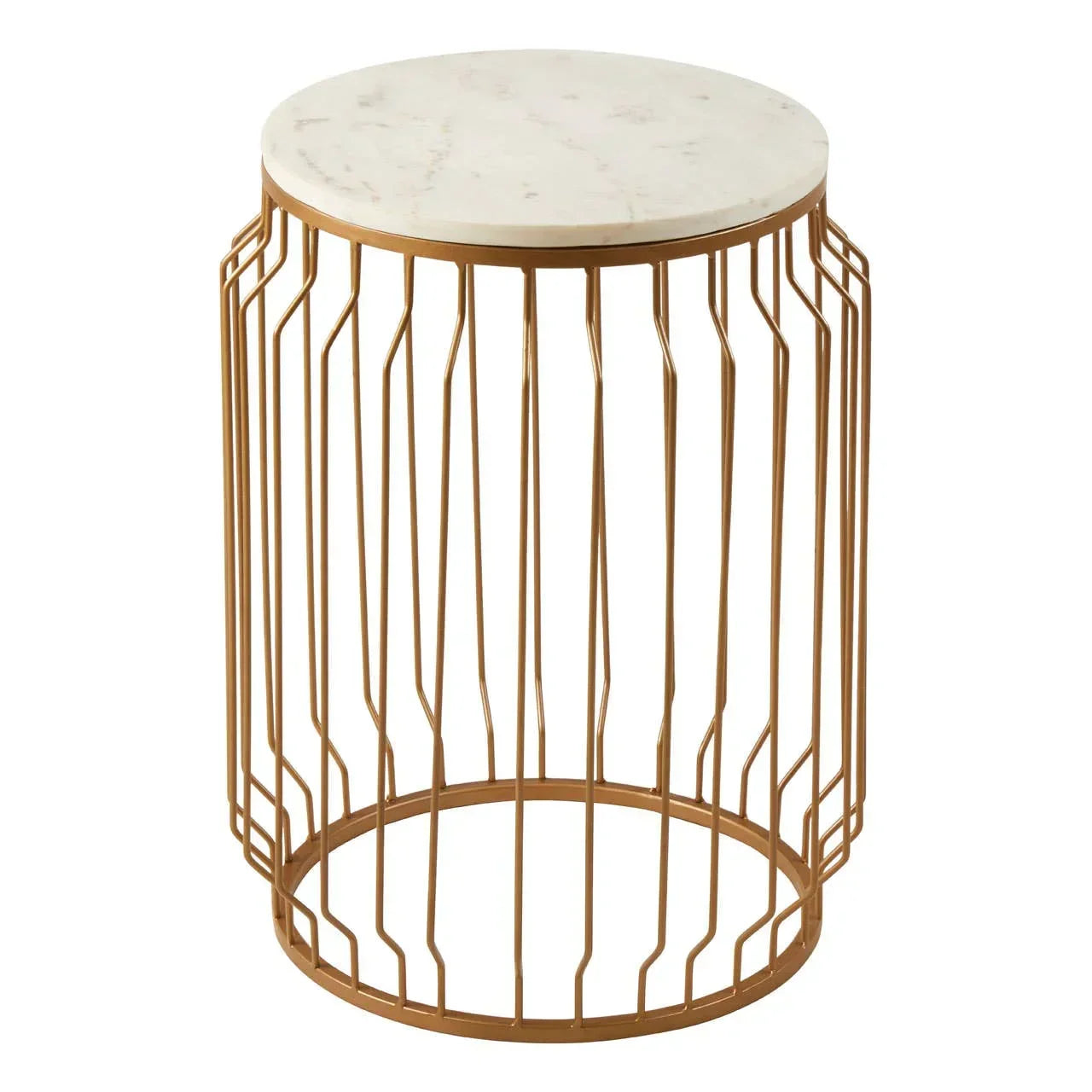 Round marble top side table with gold metal wire base