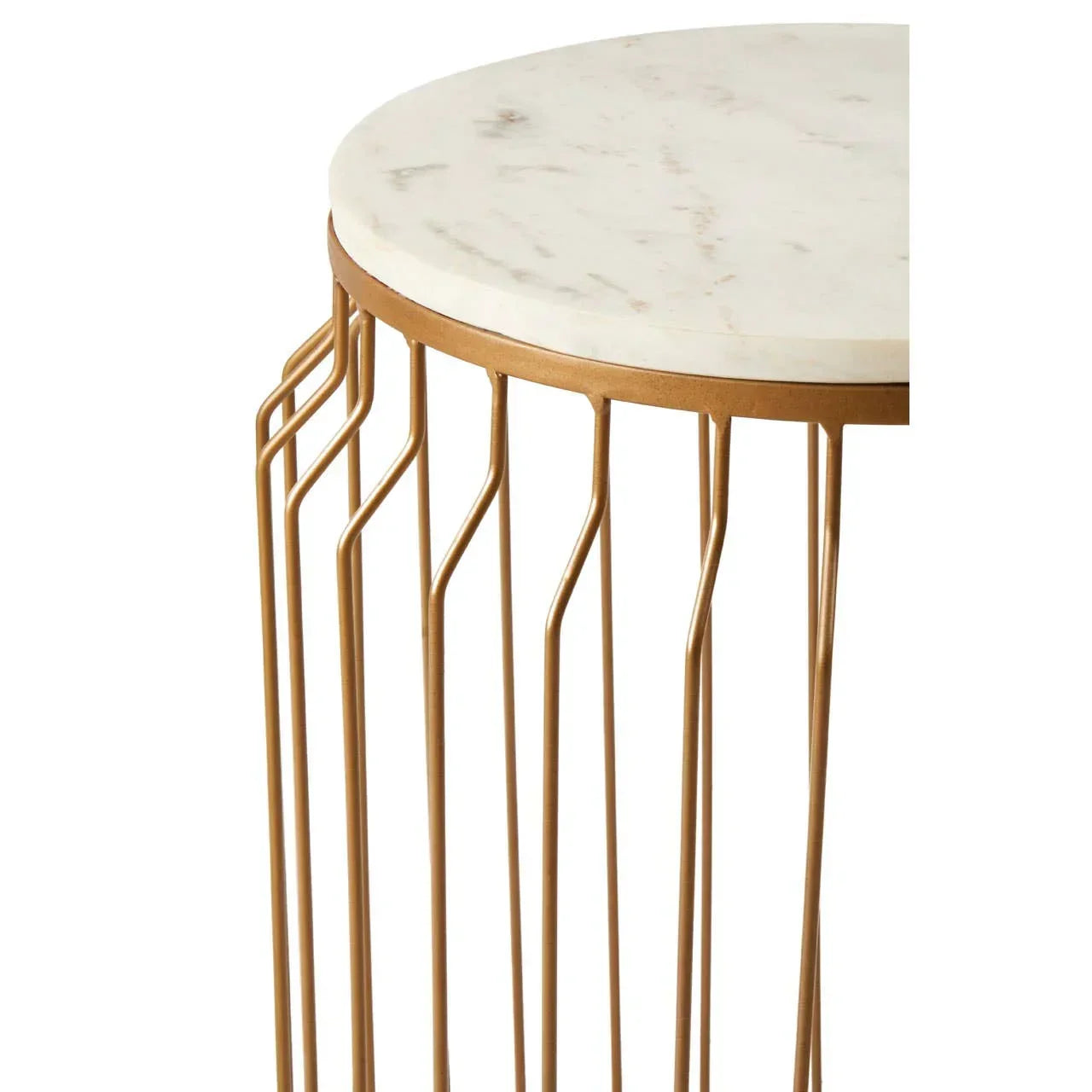 Round marble side table with gold metal frame, close-up of top and base