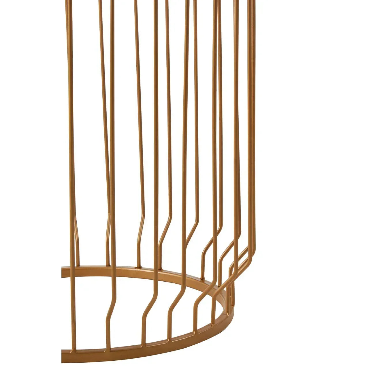 Gold metal table base with open wire design and circular frame, close-up view