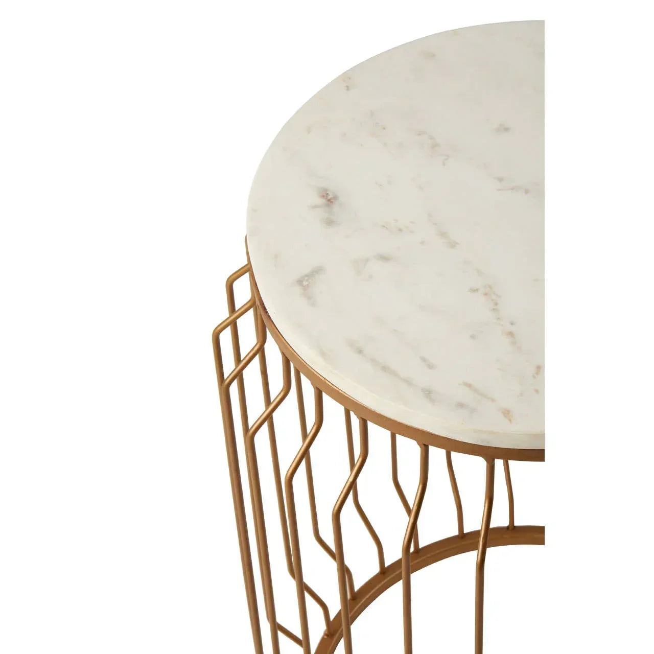 Round marble top side table with gold metal base, close-up view