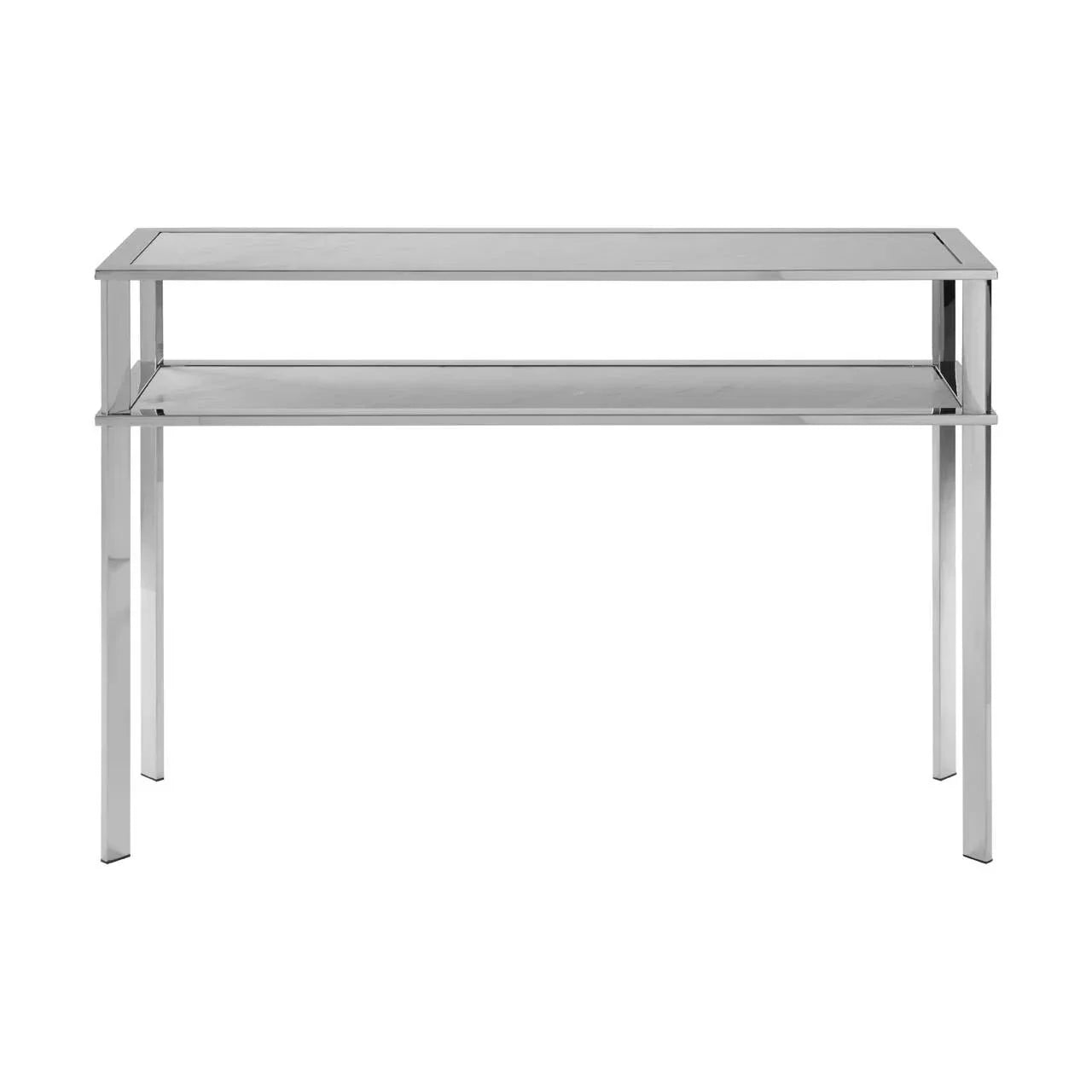 Modern glass console table with chrome metal frame and lower shelf, front view