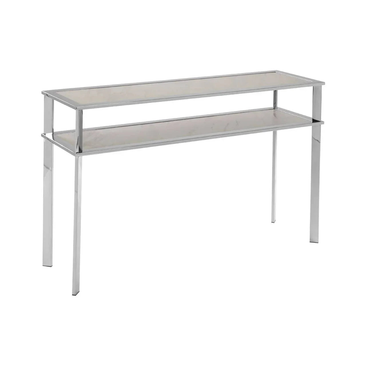 Modern console table with chrome frame and white marble effect top and shelf
