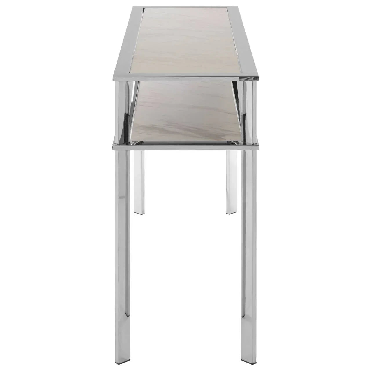 Nesting console tables with chrome frame and marble effect tops, side view
