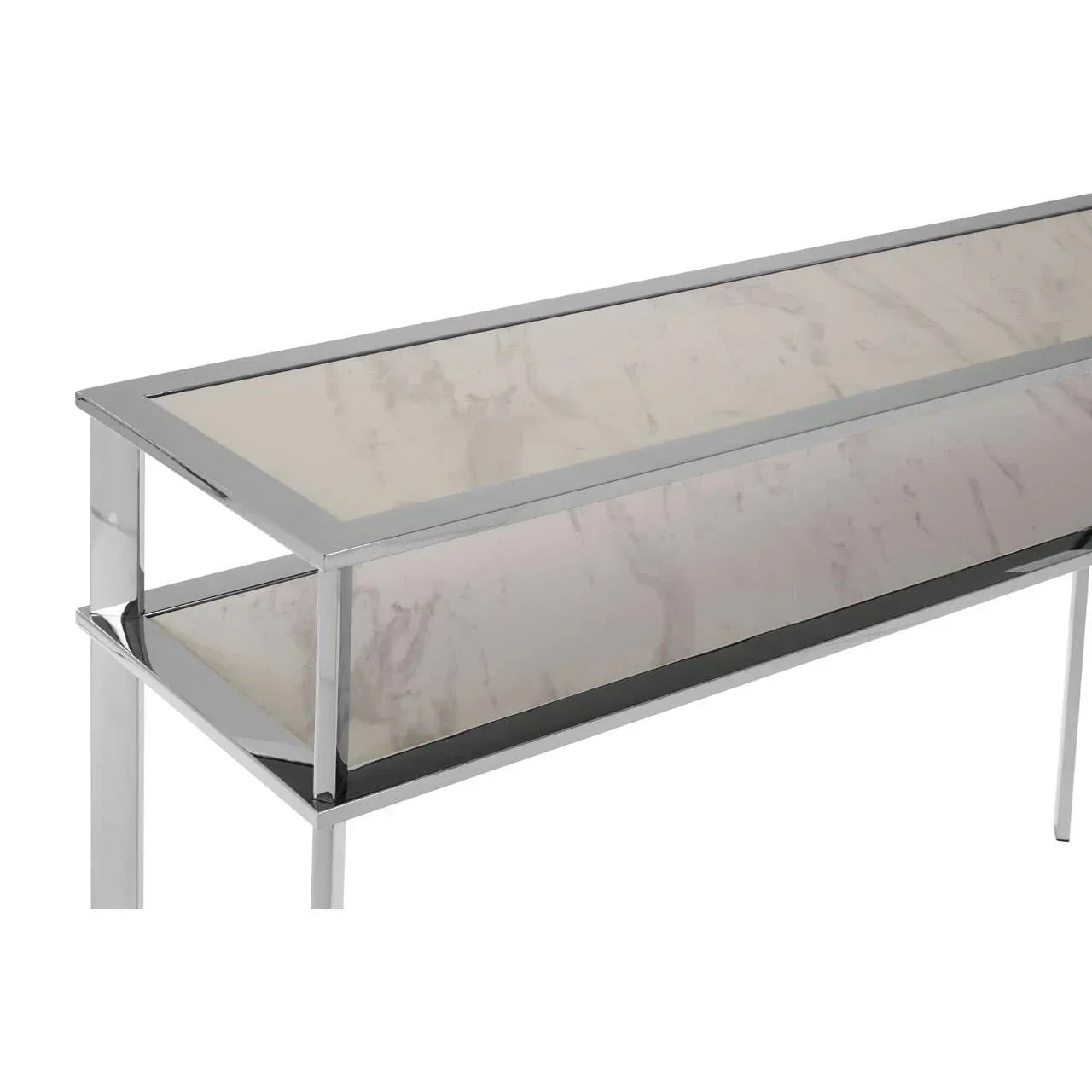 Rectangular marble console table with chrome frame and glossy surface, side angle view