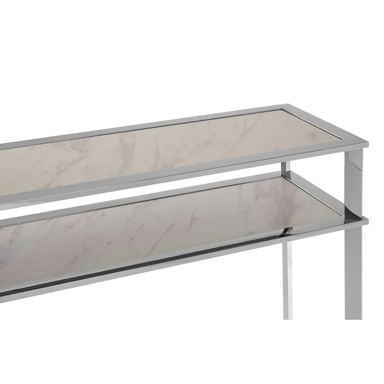 Marble effect console table with chrome metal frame, close-up of tabletop and shelf