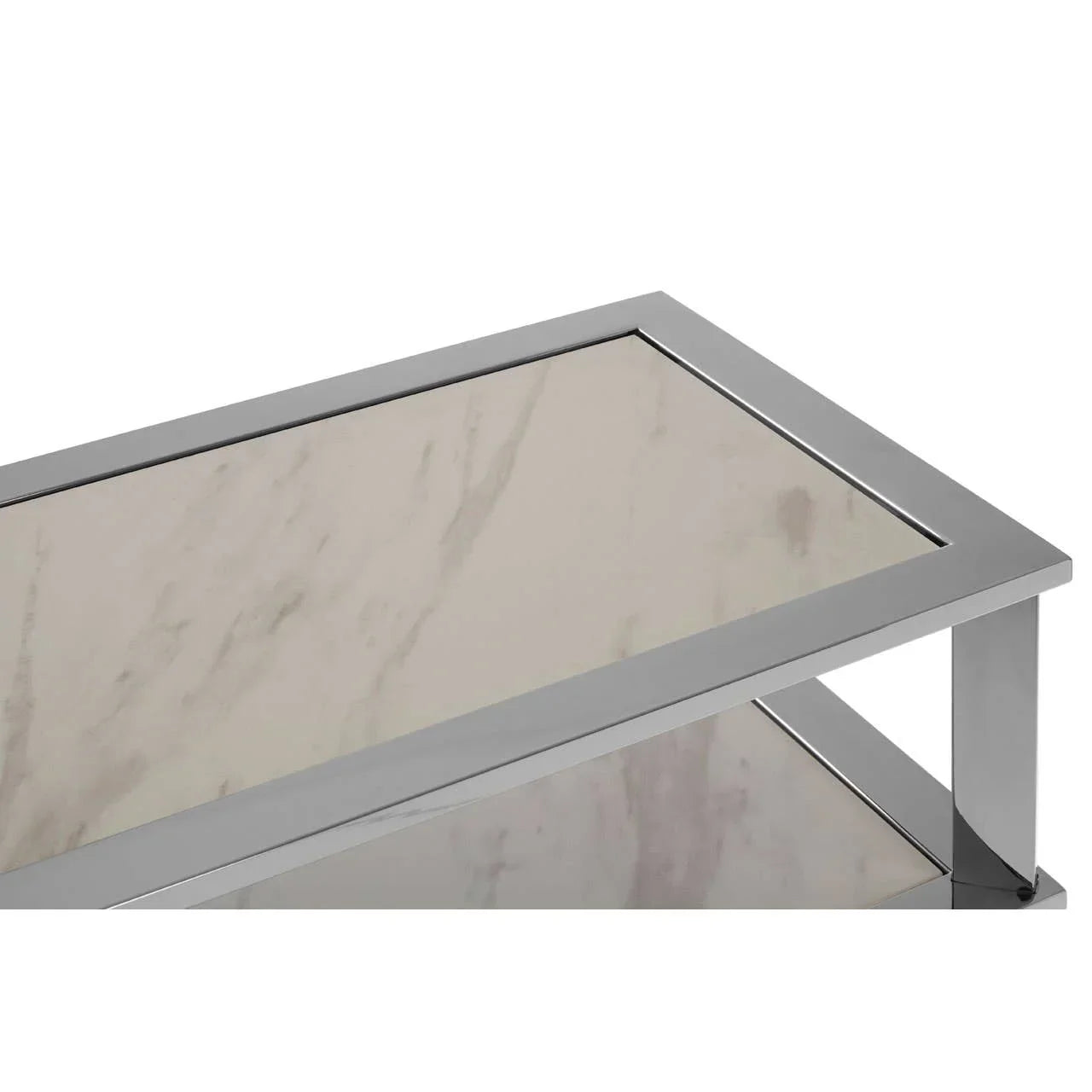 Rectangular marble top coffee table with chrome metal frame, close-up of corner detail