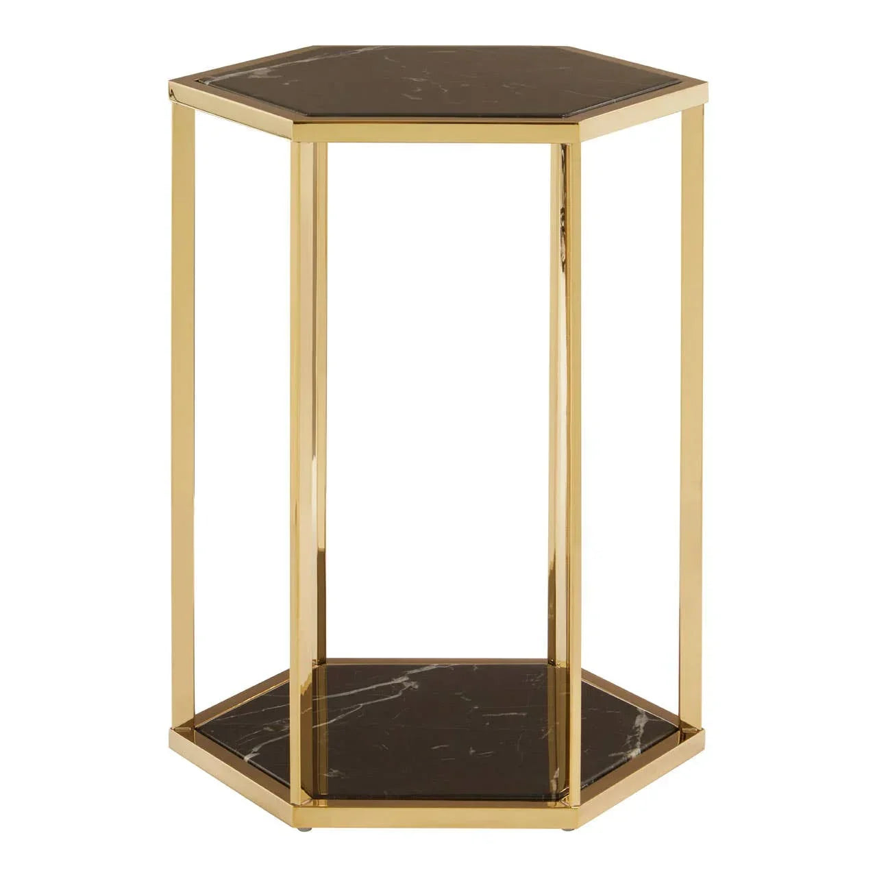 Hexagonal gold metal side table with black marble top and base, modern living room furniture