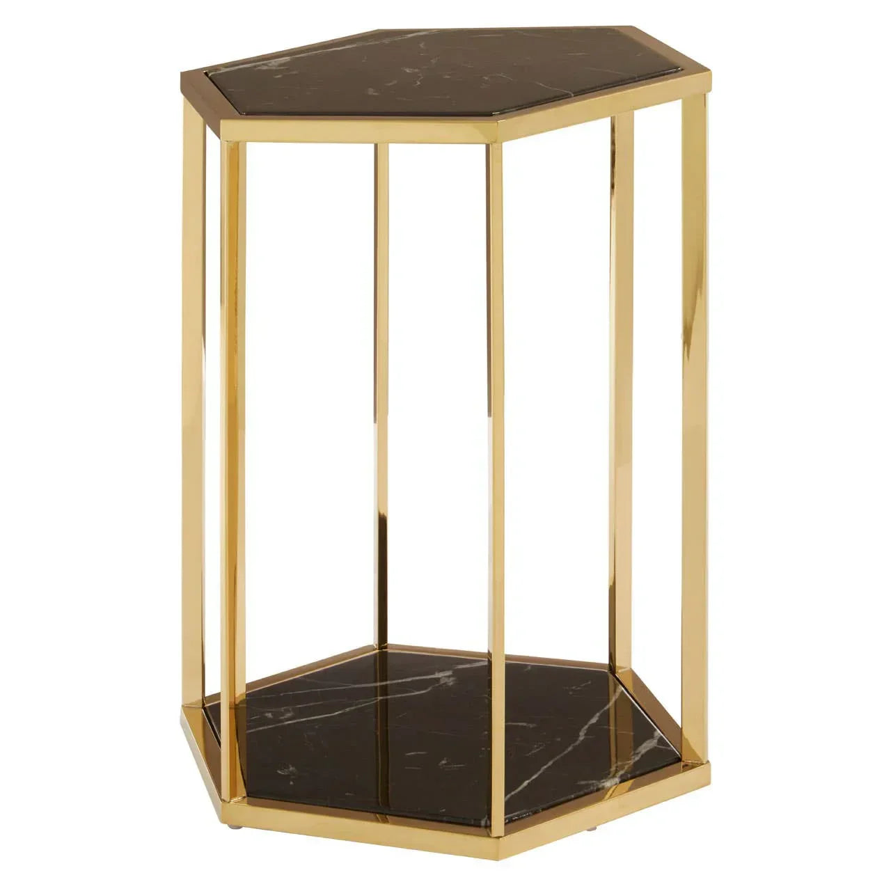 Hexagonal side table with black marble top and gold metal frame
