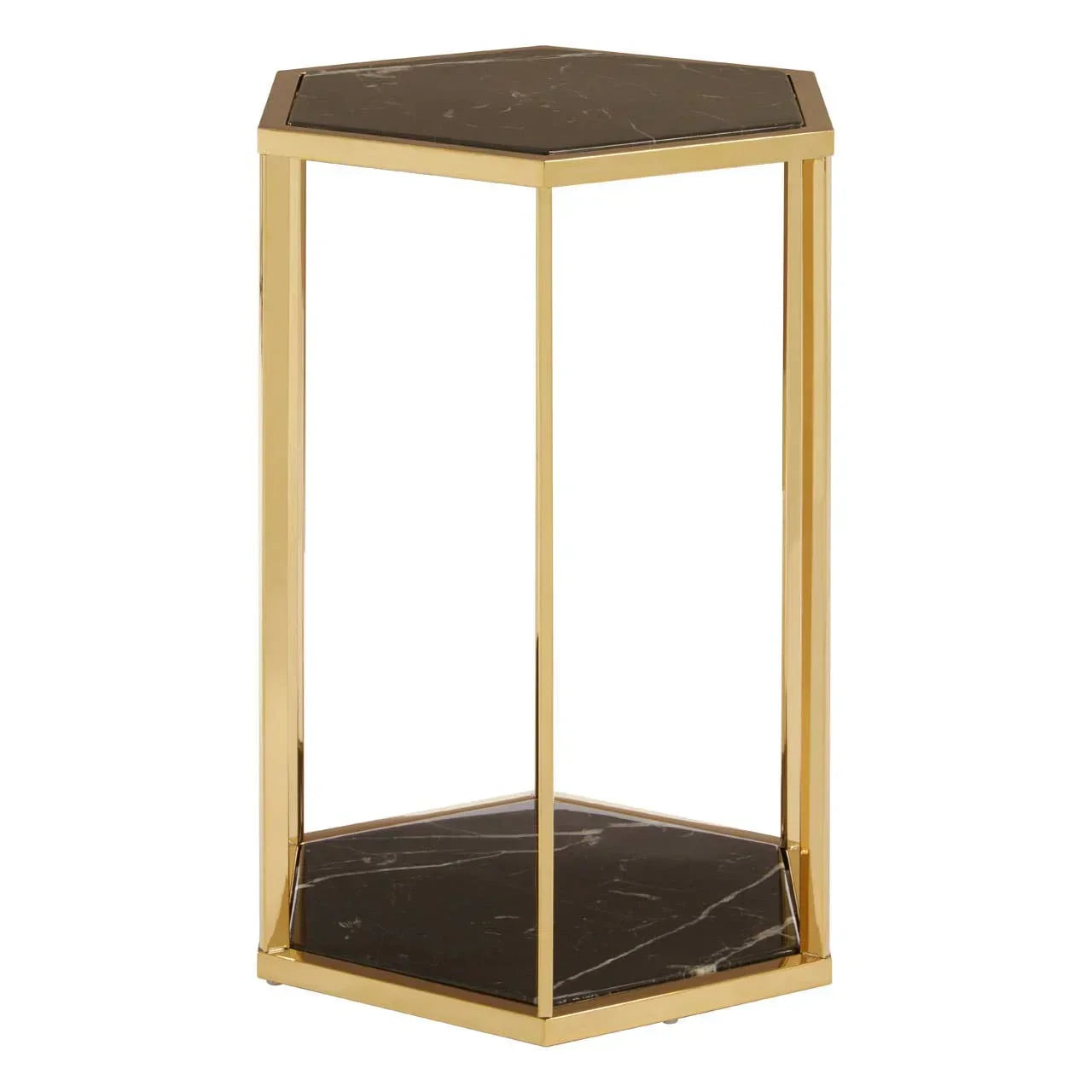 Hexagonal gold metal side table with black marble shelves