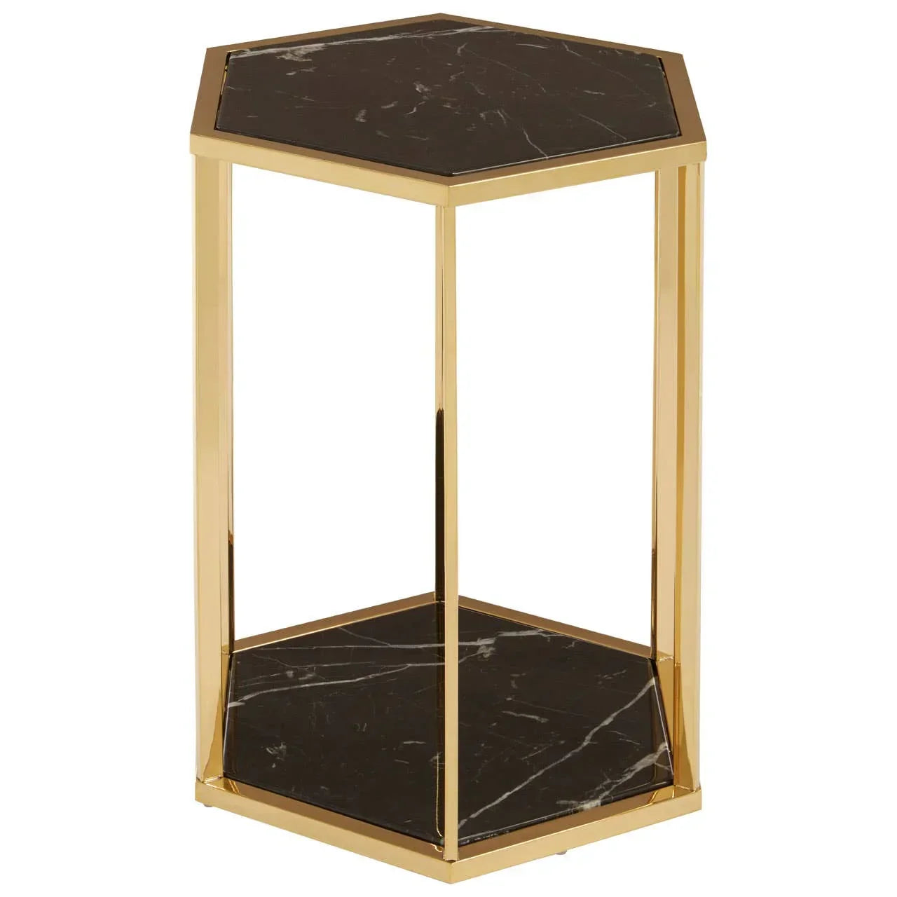 Hexagonal side table with gold metal frame and black marble top and base