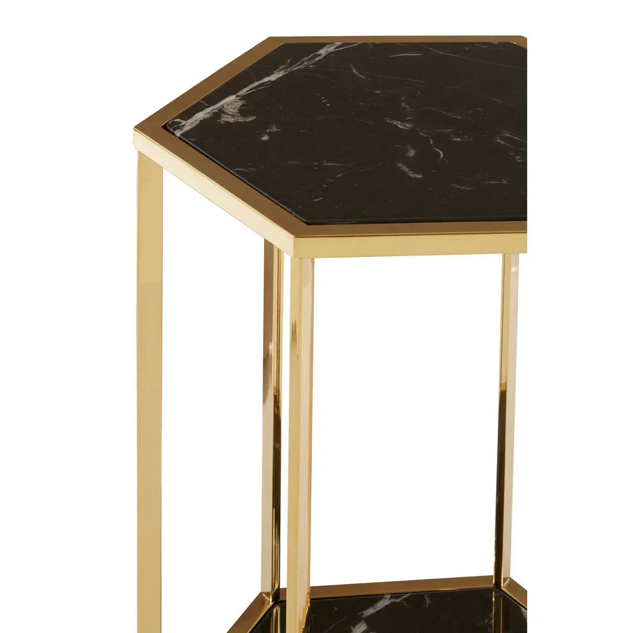 Hexagonal side table with black marble top and gold metal frame