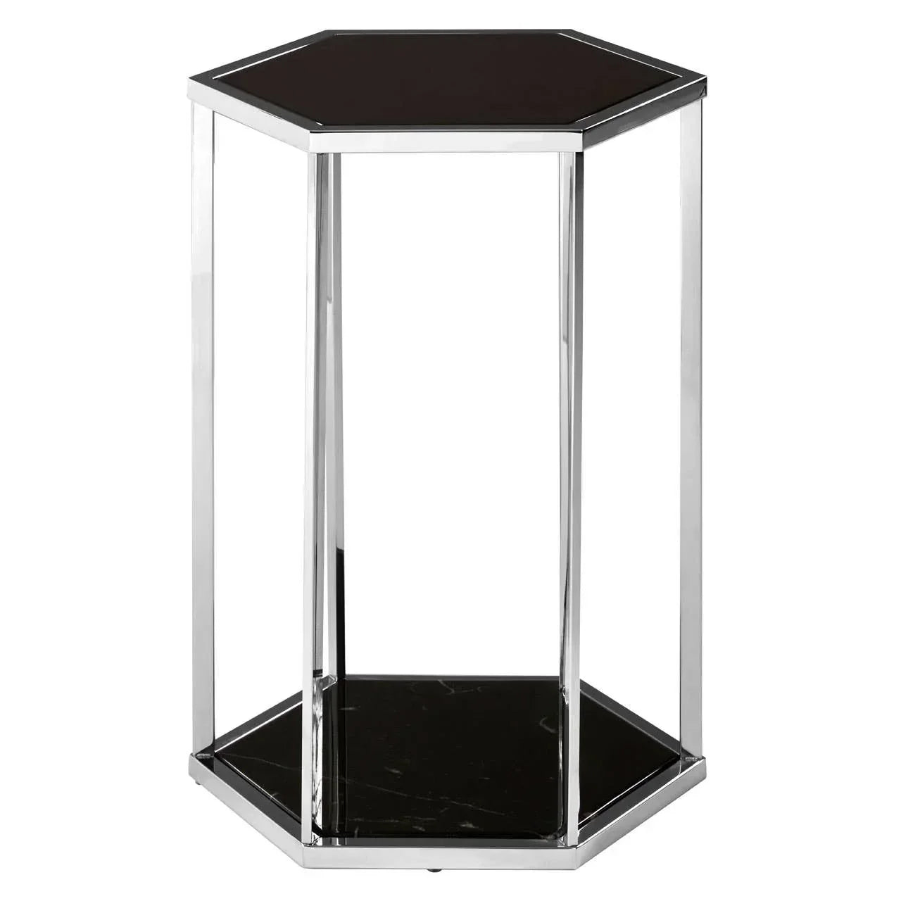 Hexagonal black glass side table with chrome frame and lower shelf