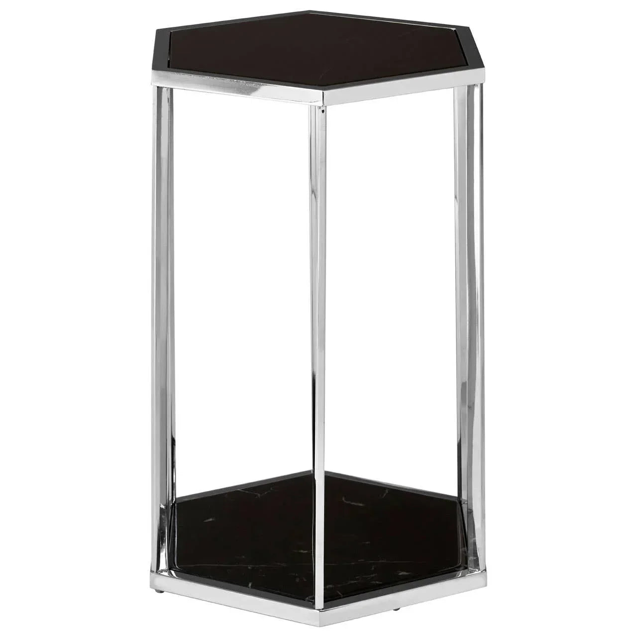 Hexagonal black glass side table with chrome metal frame, modern accent furniture