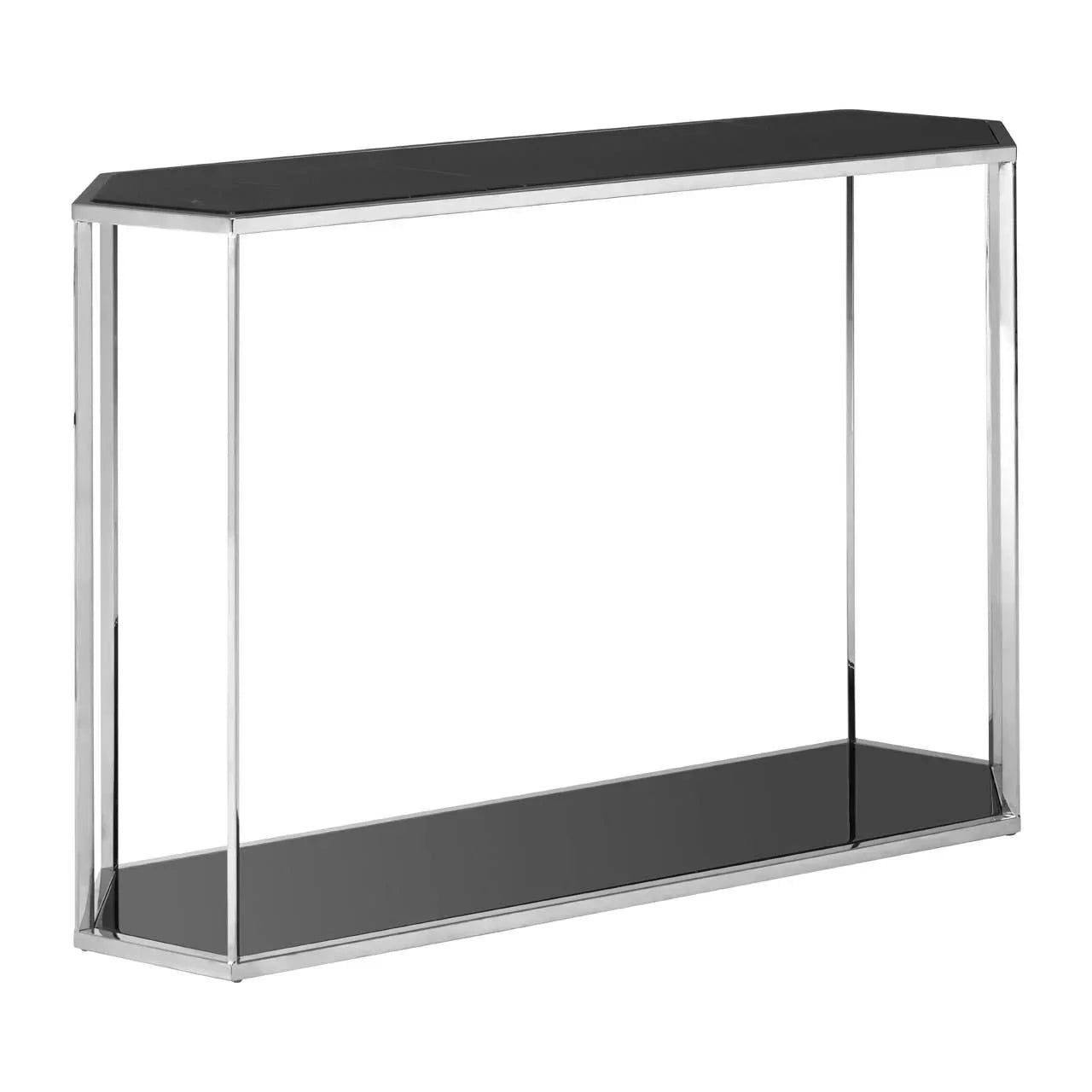 Black glass console table with chrome metal frame, minimalist modern hallway furniture