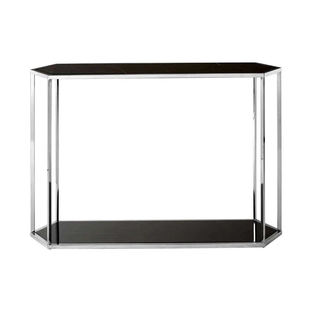Black glass console table with chrome metal frame and hexagonal edges, front view