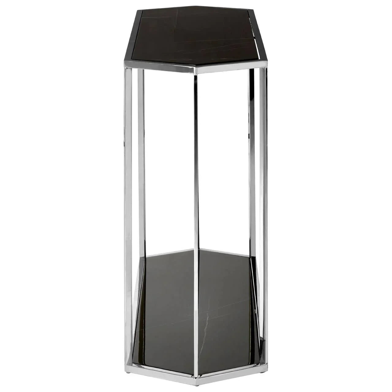 Black marble and chrome console table with geometric design, angled front view