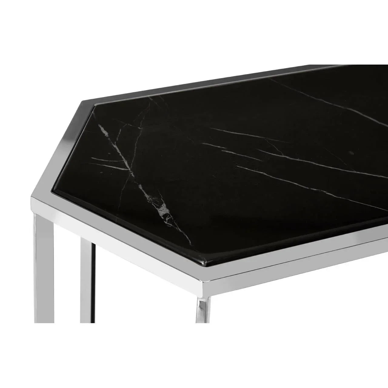 Black marble coffee table with chrome metal frame, close-up of corner and veining detail