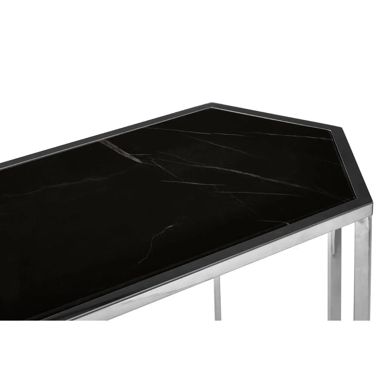 Rectangular black marble top console table with chrome metal frame, close-up view