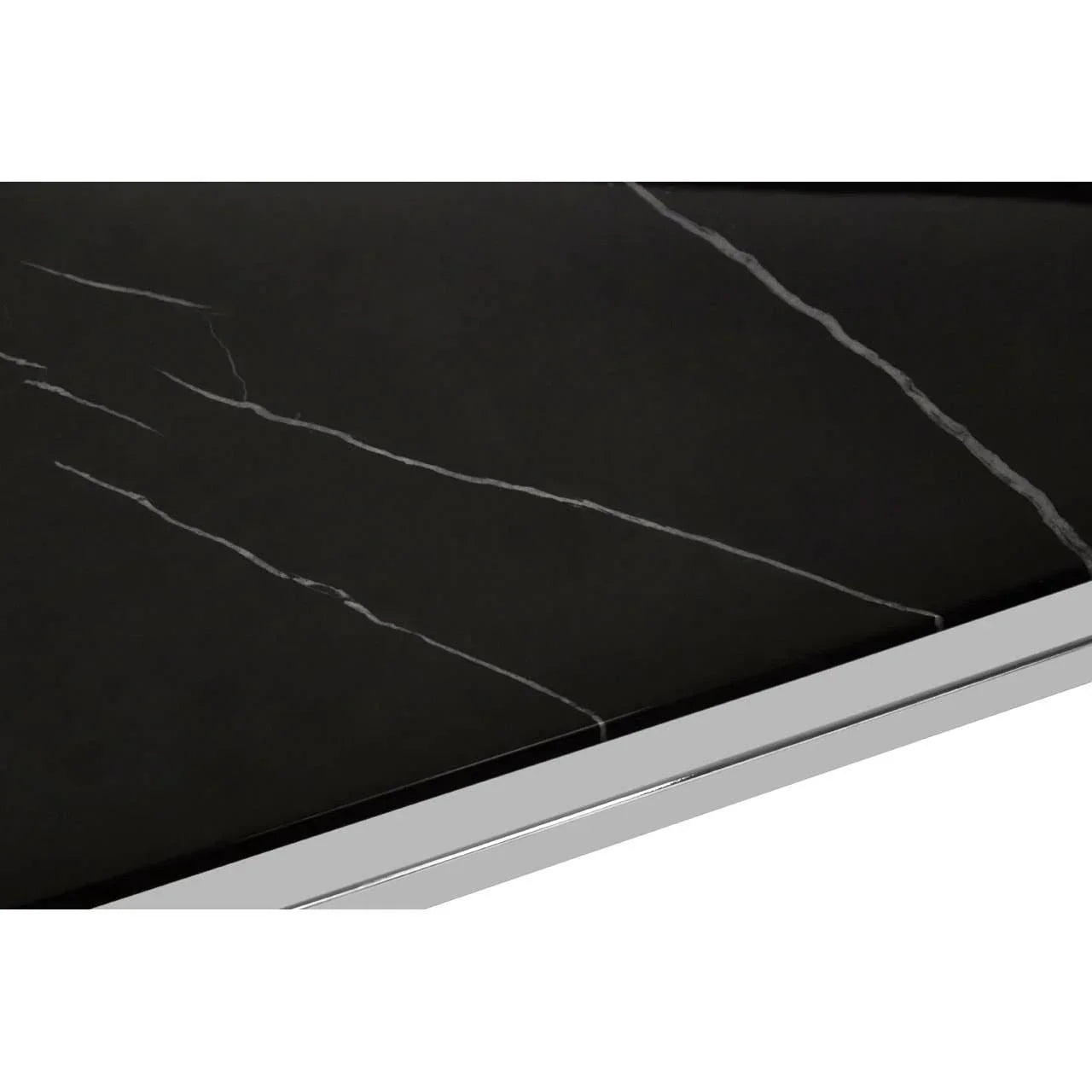 Black marble dining table top with white veining and chrome edge detail
