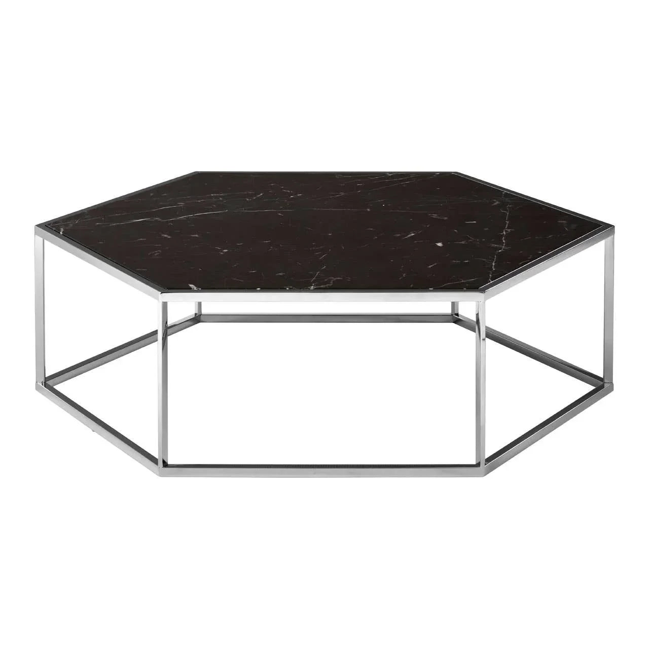 Hexagonal black marble coffee table with metal frame and open geometric base