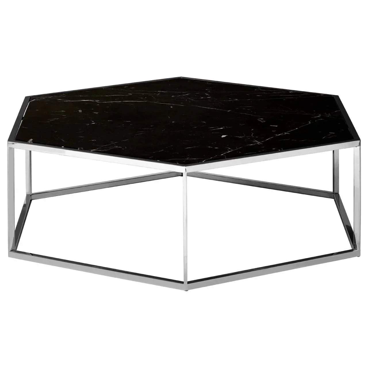 Hexagonal black marble coffee table with chrome metal frame on white background
