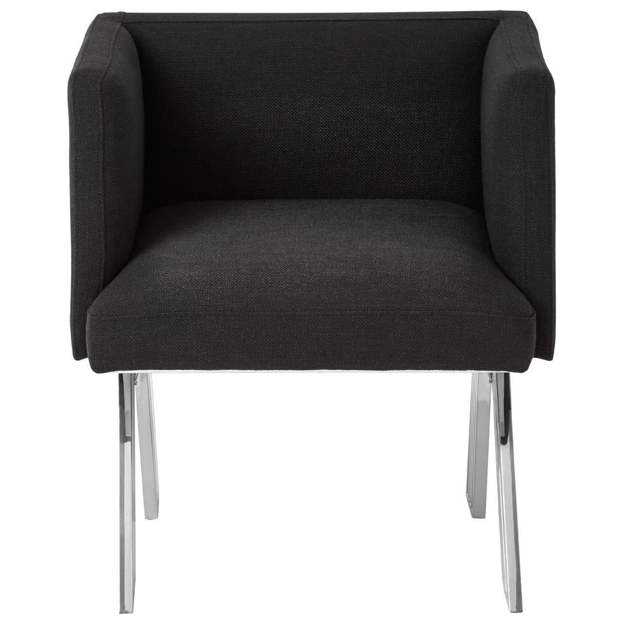 Black fabric accent chair with chrome metal legs and square armrests, front view