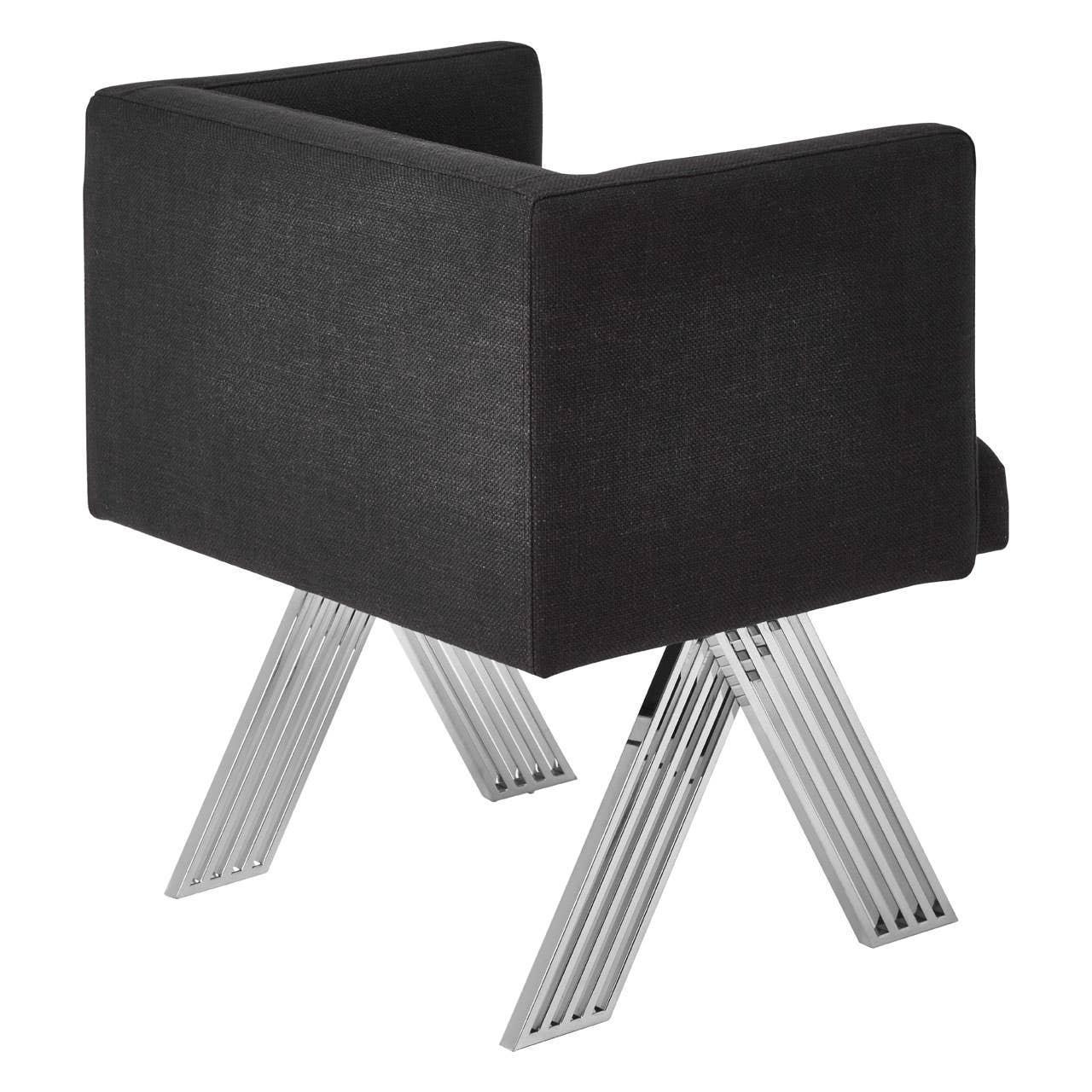 Black fabric accent chair with chrome metal legs, side angle view