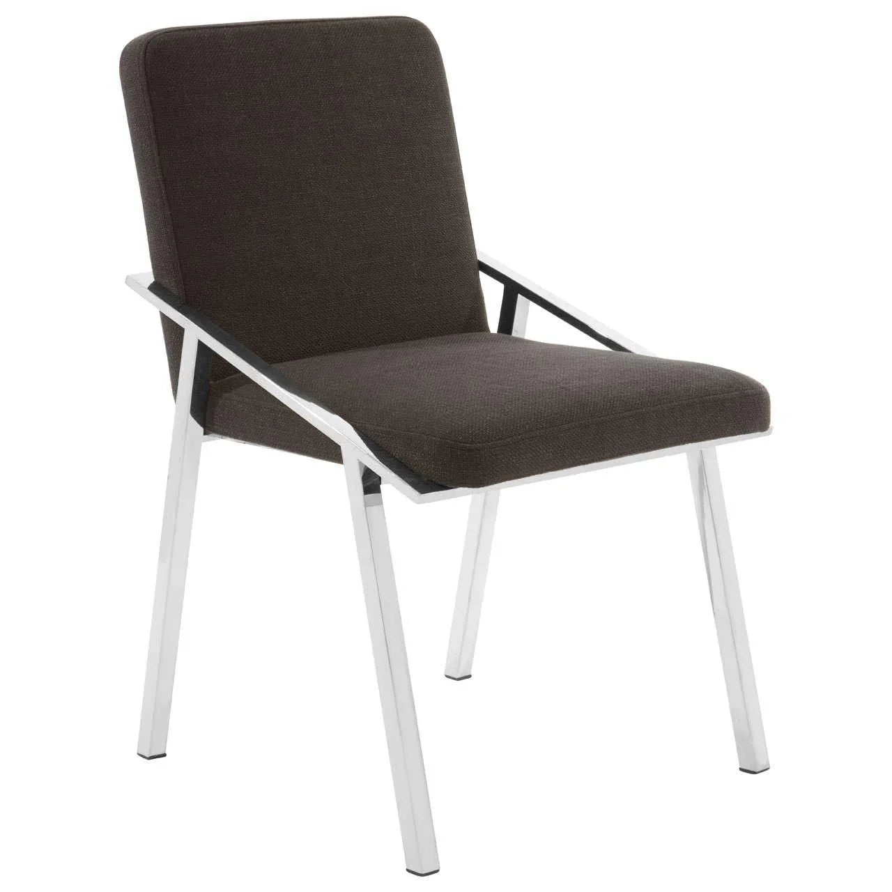 Modern dining chair with brown fabric seat and chrome metal legs, front angle view
