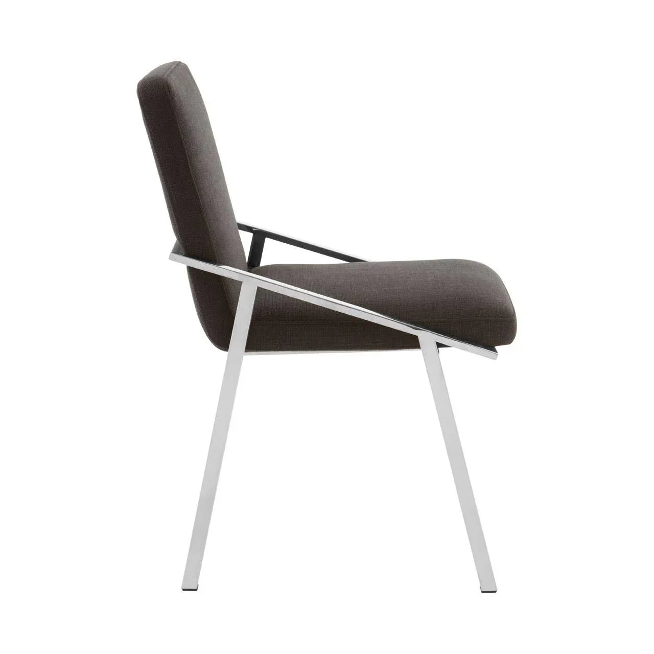Modern accent chair with dark fabric seat and angled chrome legs, side profile view