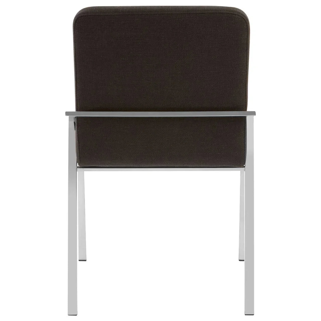 Back view of modern dining chair with black fabric upholstery and chrome metal frame
