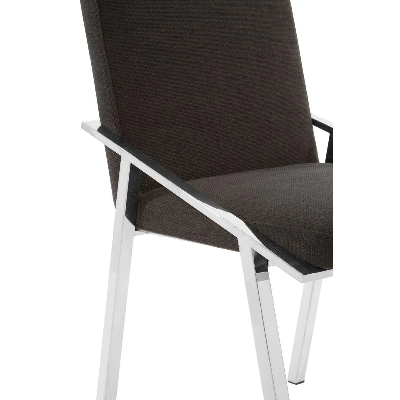 Close up of modern dining chair with dark fabric seat and chrome metal frame