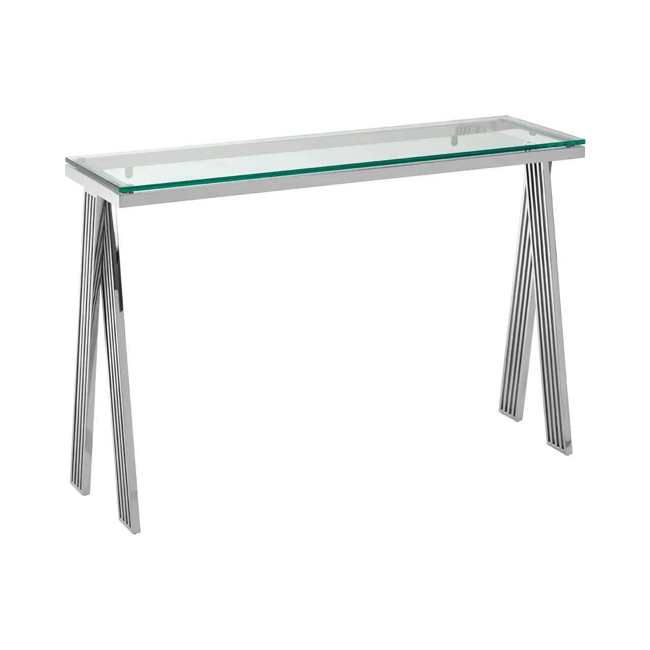 Glass console table with chrome legs and modern geometric design on a white background