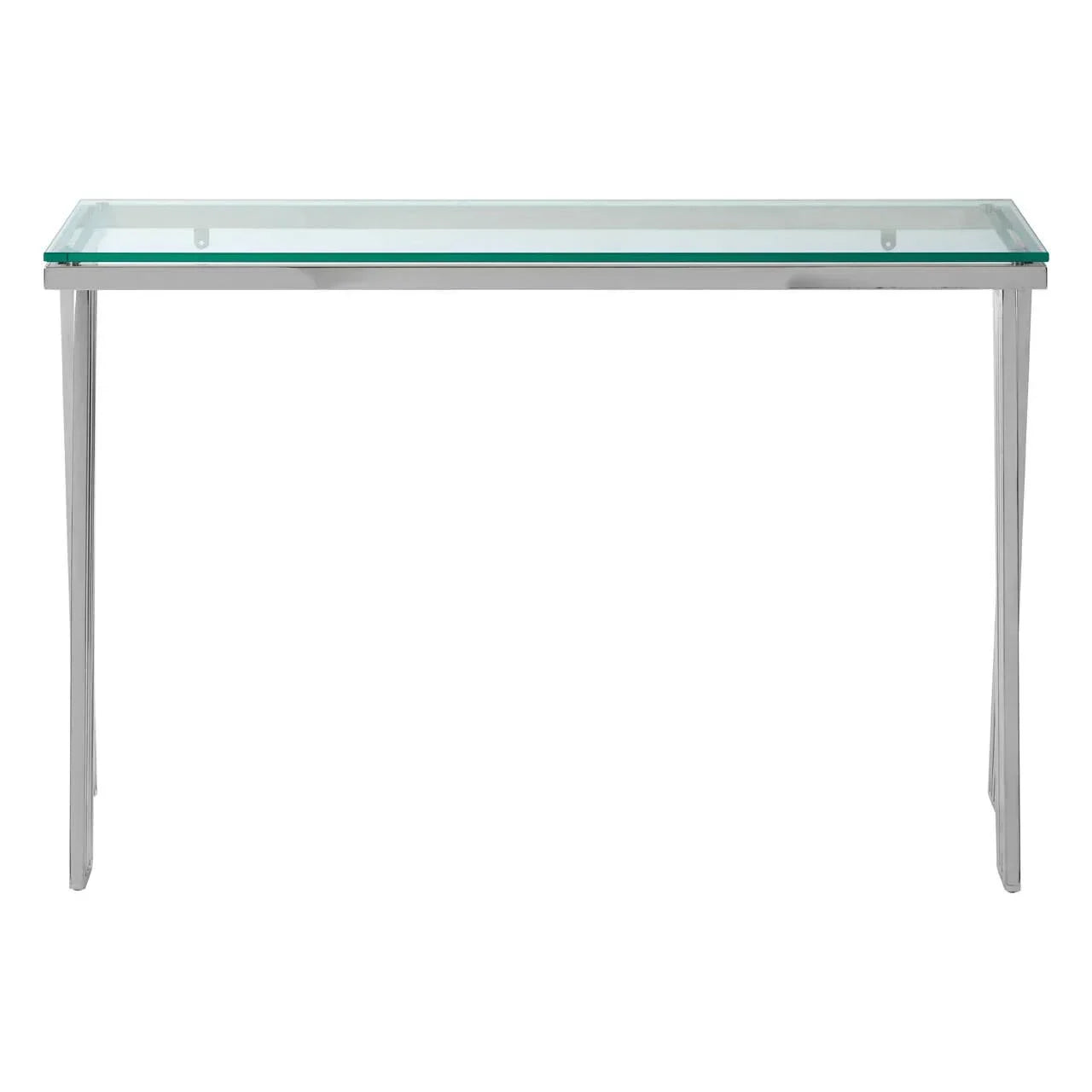 Modern glass console table with stainless steel legs, front view on white background