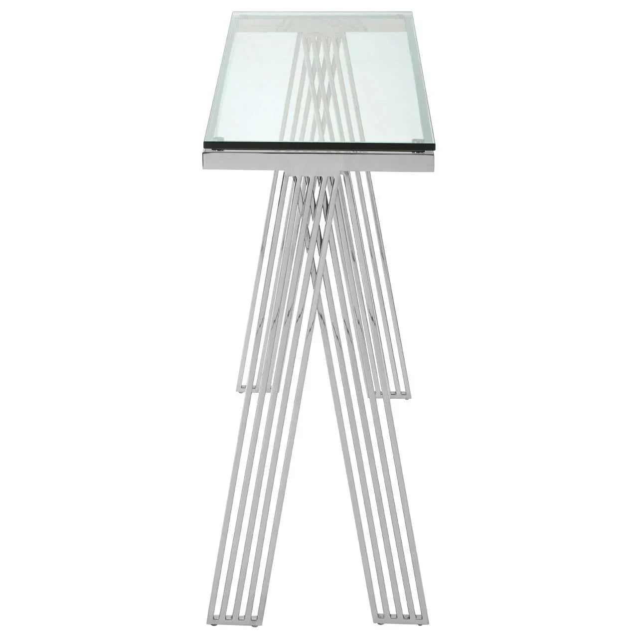 Modern console table with glass top and chrome metal base, front angle view