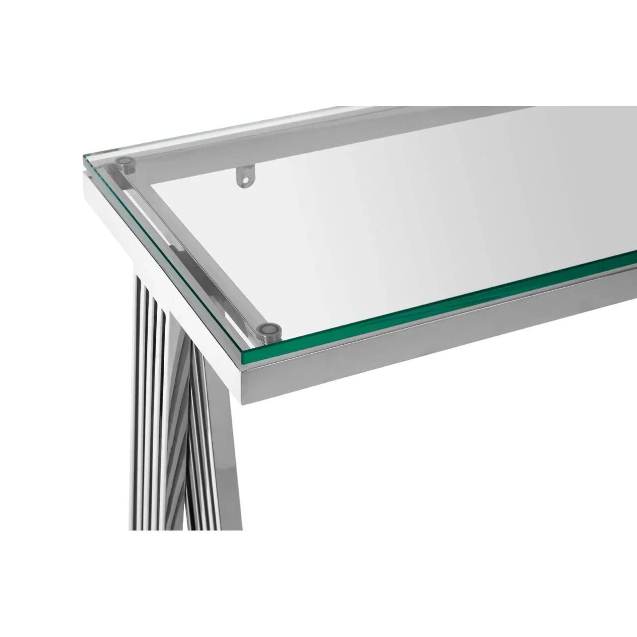Glass console table with chrome metal frame close-up showing corner and support details