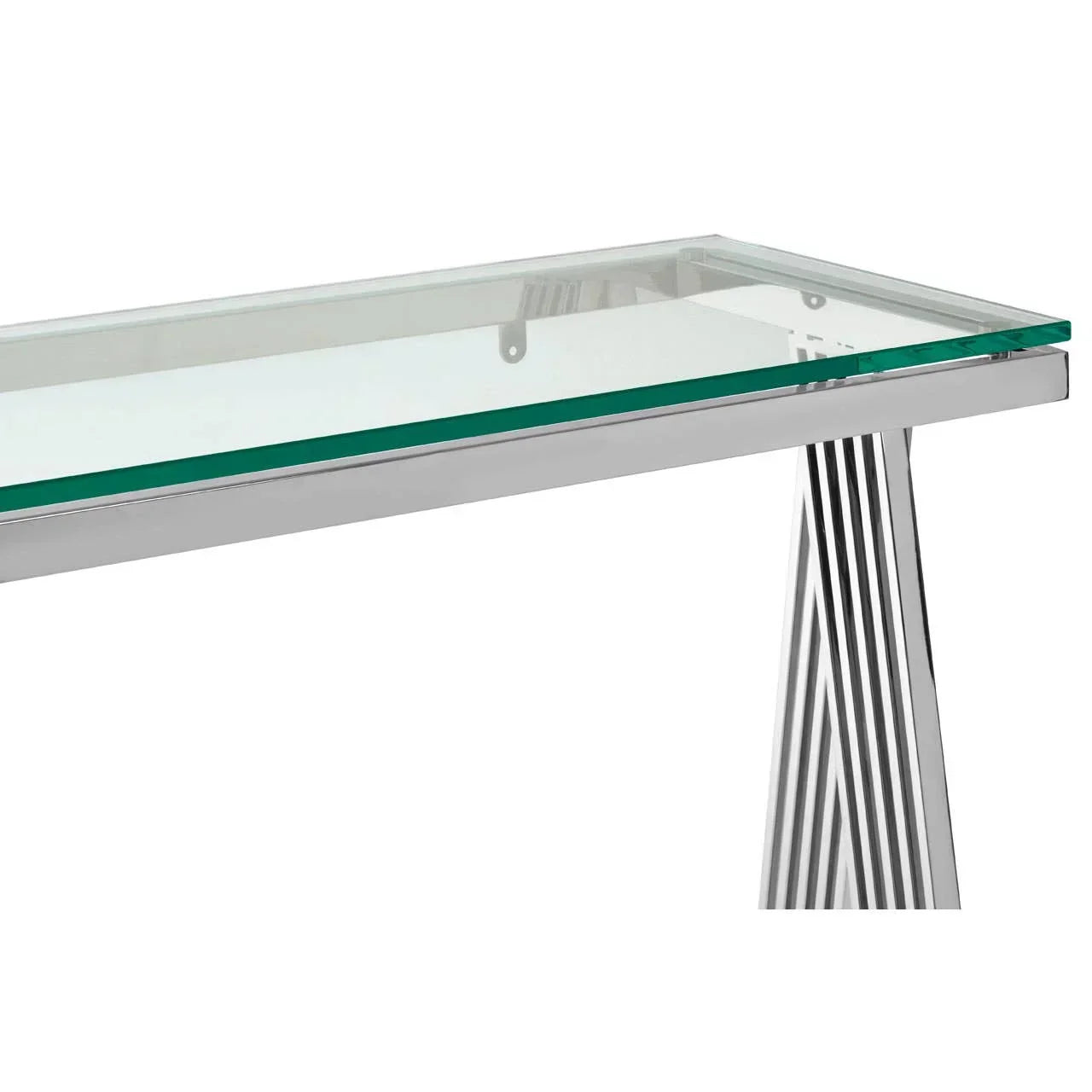 Glass top console table with chrome metal frame and geometric angled leg detail