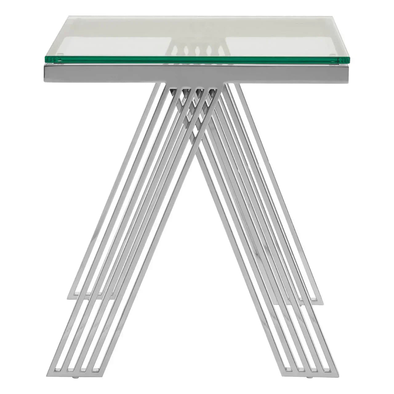 Modern glass top side table with chrome metal base and geometric design