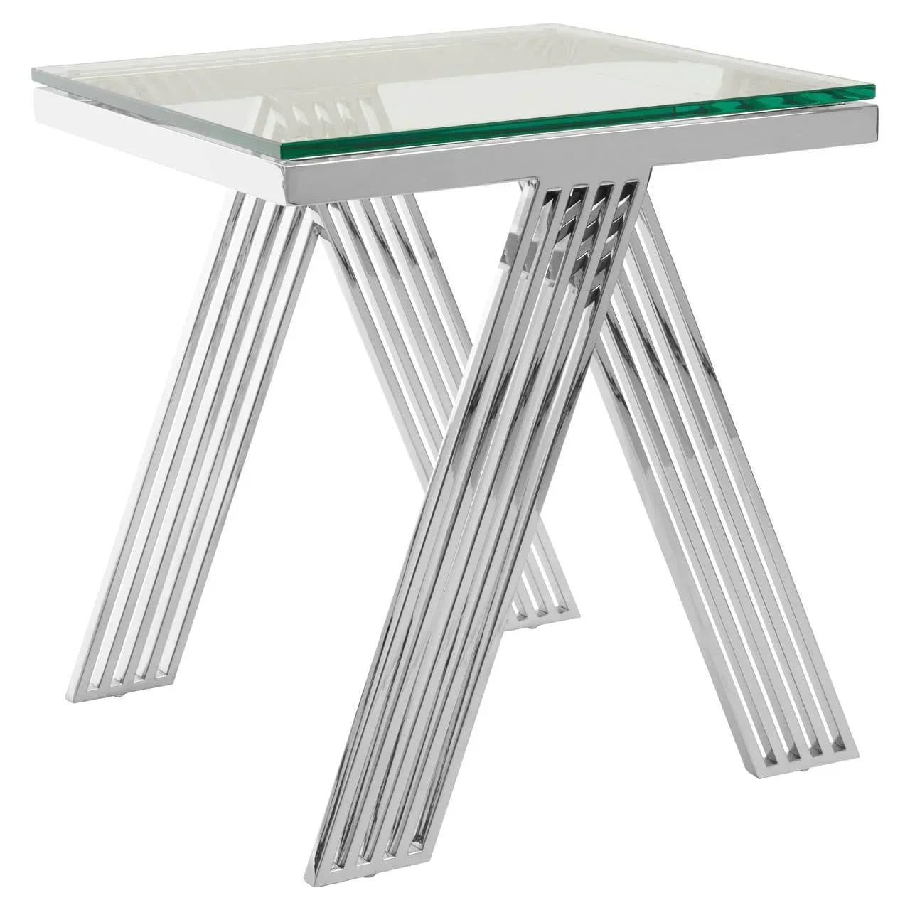 Modern glass top side table with chrome metal legs and geometric design