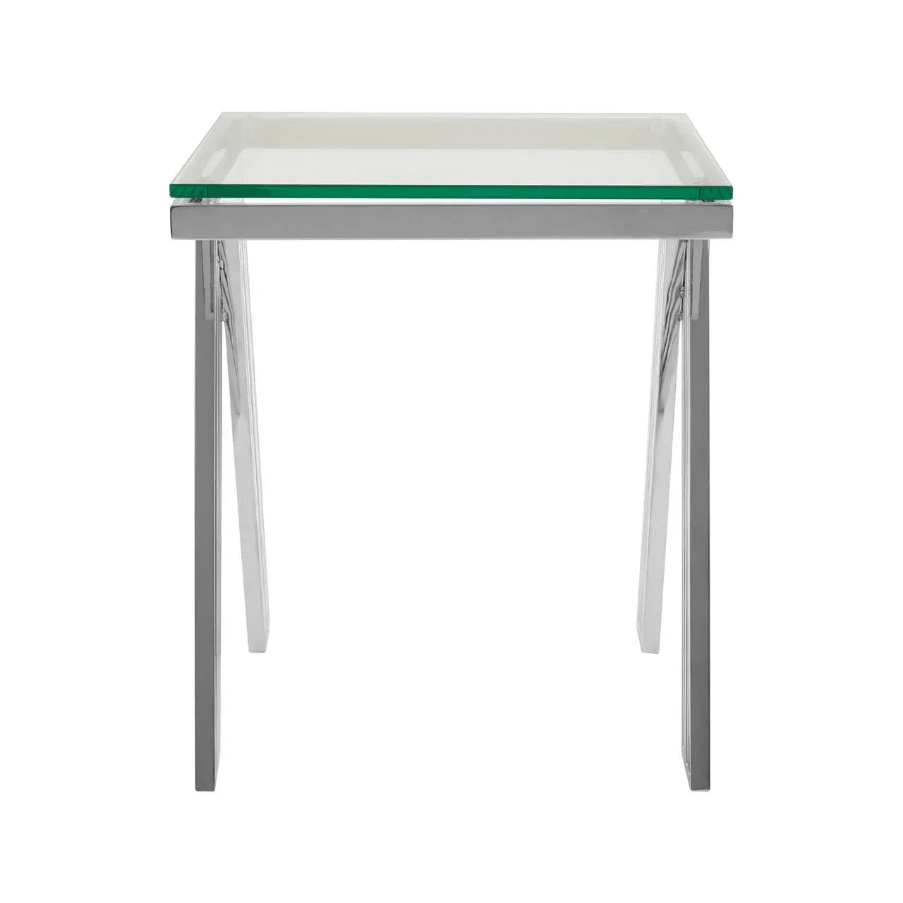 Glass top dining table with chrome metal legs, side view