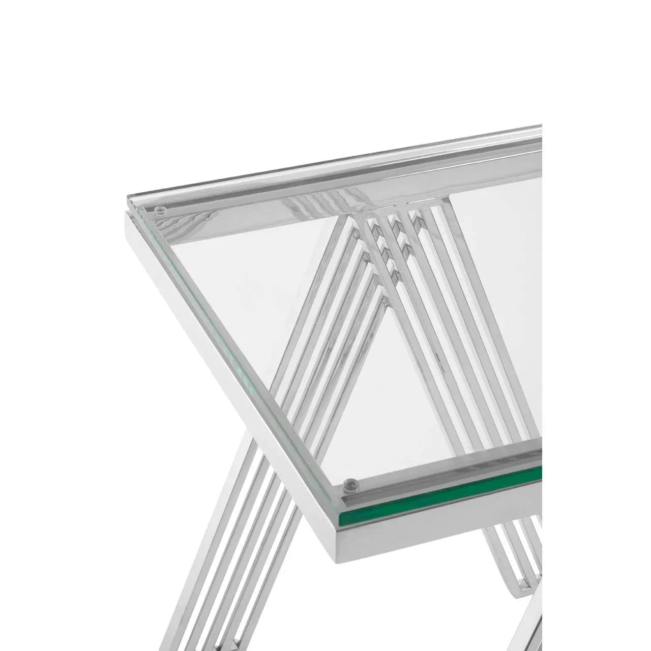 Modern glass console table with geometric chrome frame, close-up of top and leg detail