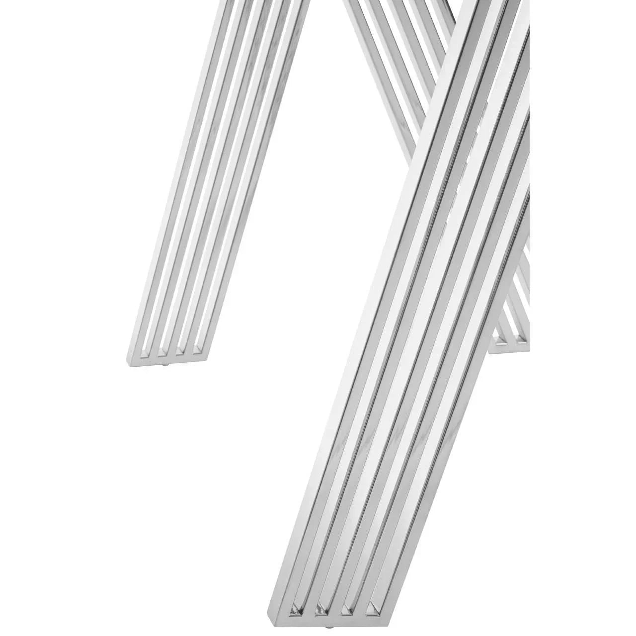 Chrome metal dining table legs with modern linear design, angled view
