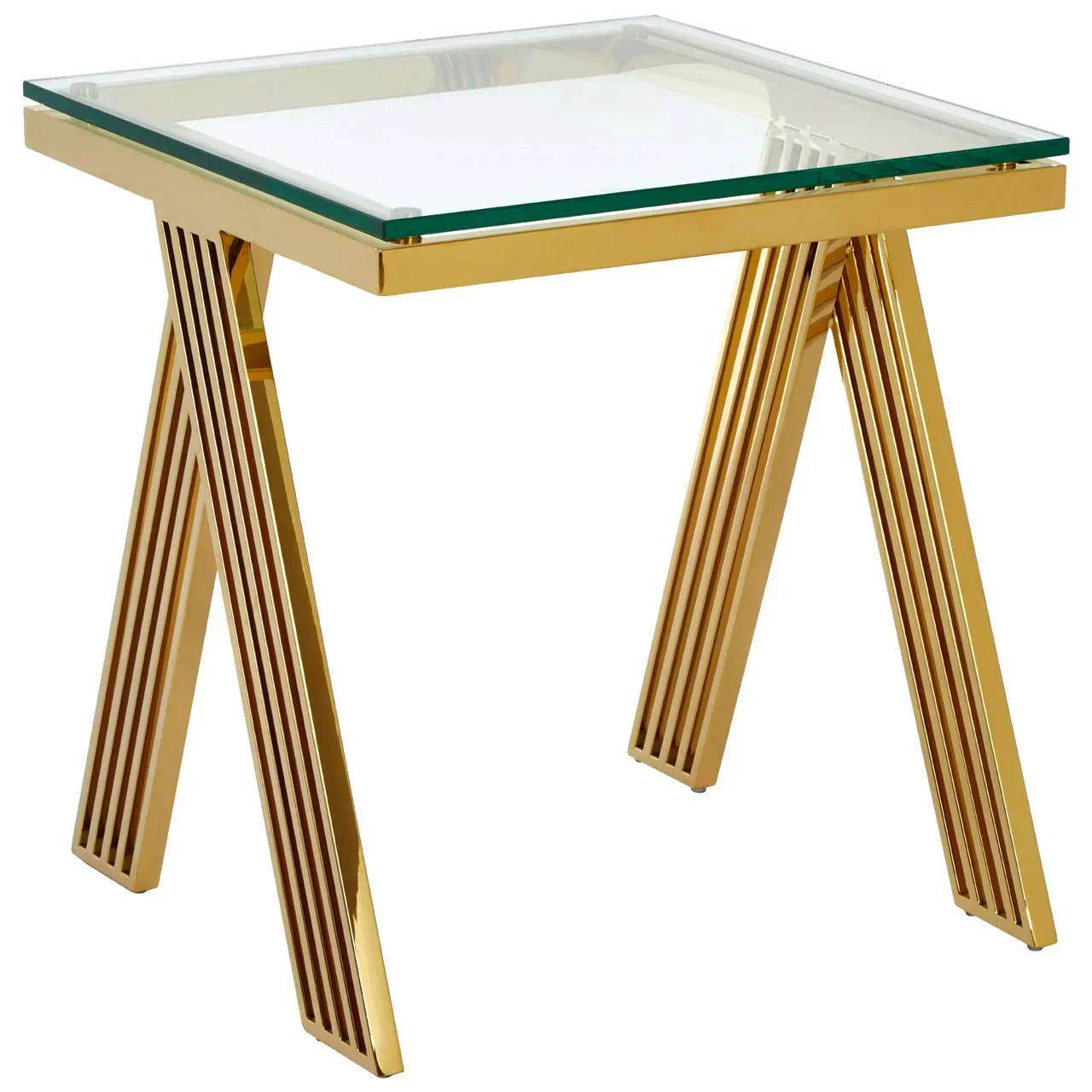 Square glass side table with gold metal legs and modern geometric design