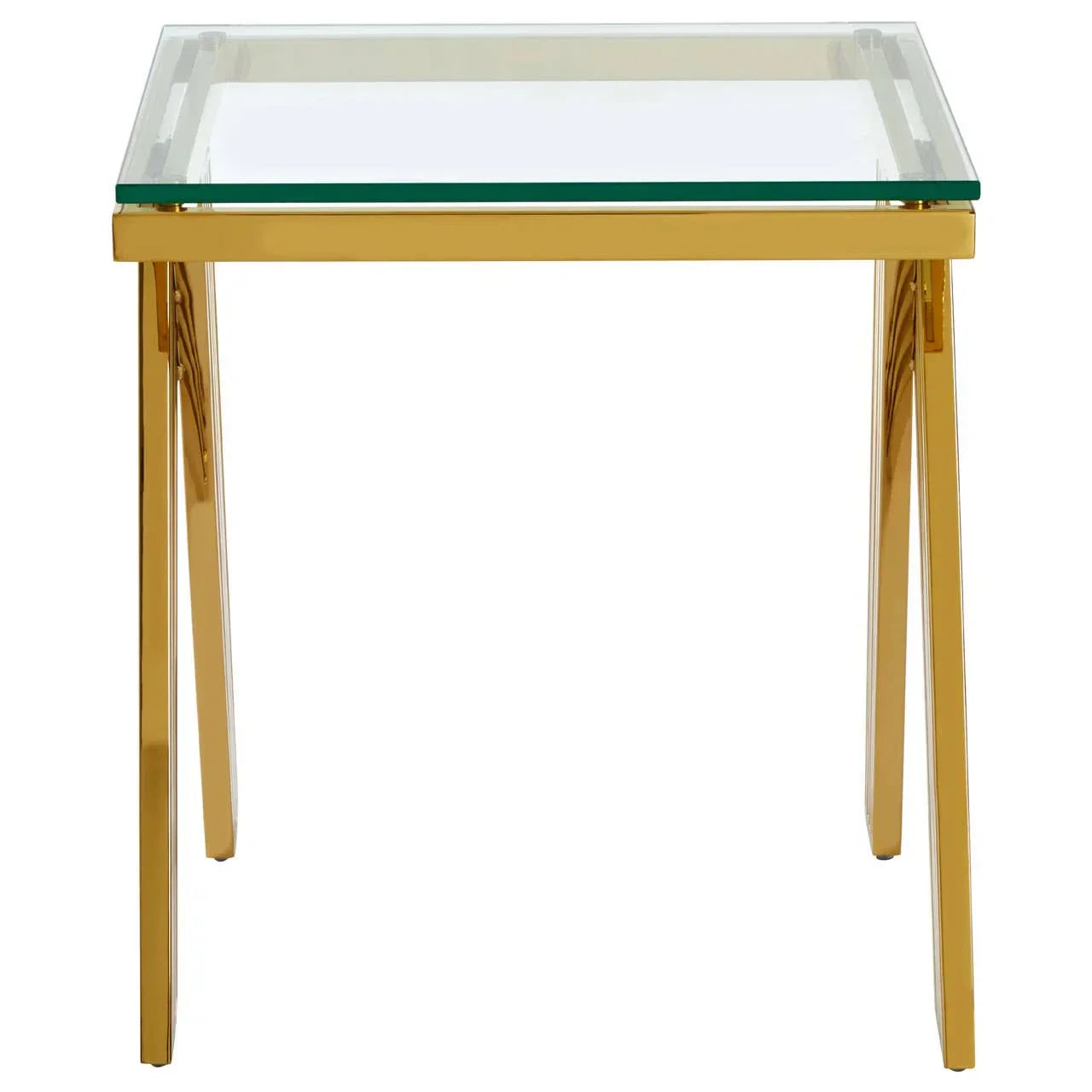Glass top side table with gold metal frame, straight legs, modern living room furniture