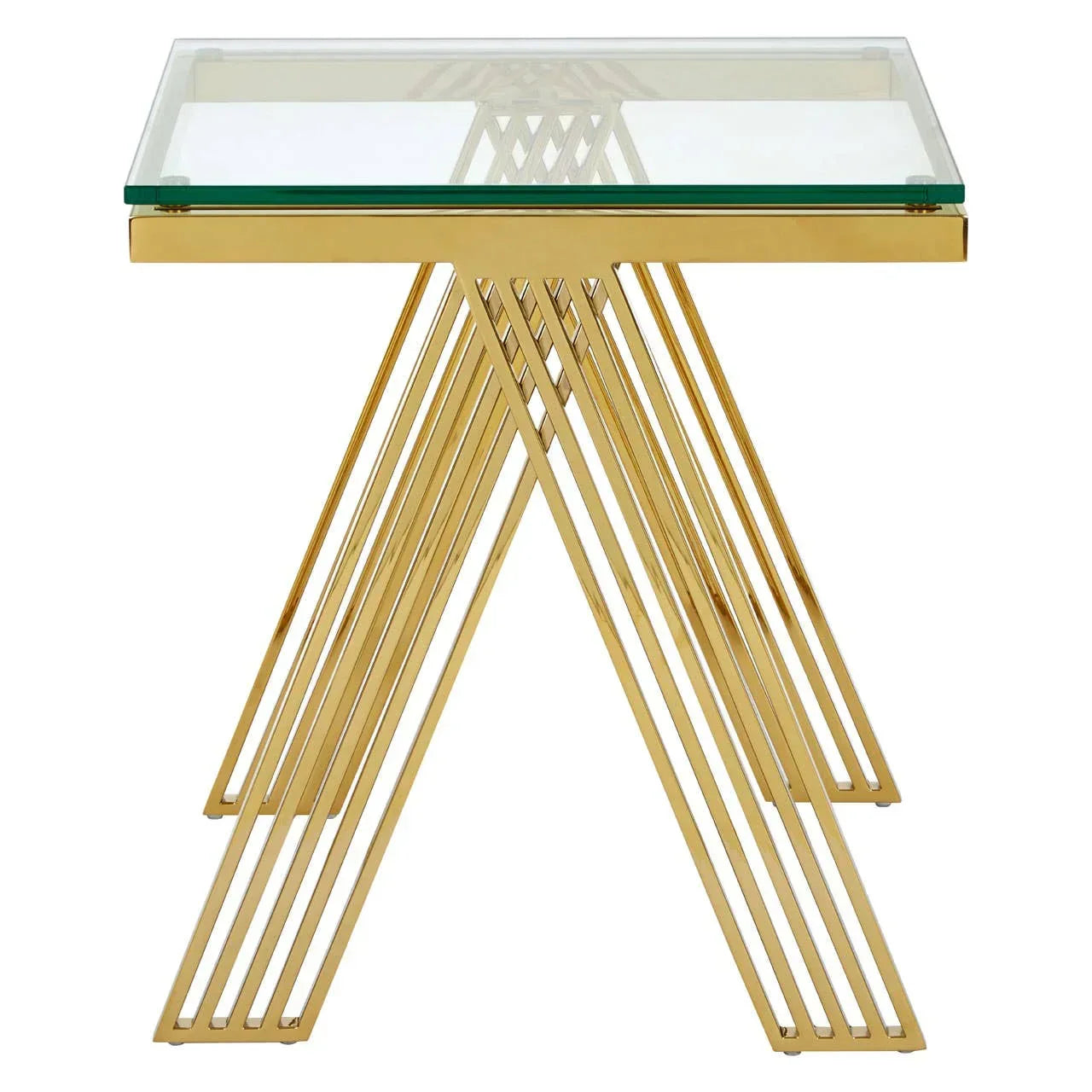 Glass top side table with gold metal legs in geometric design, front view