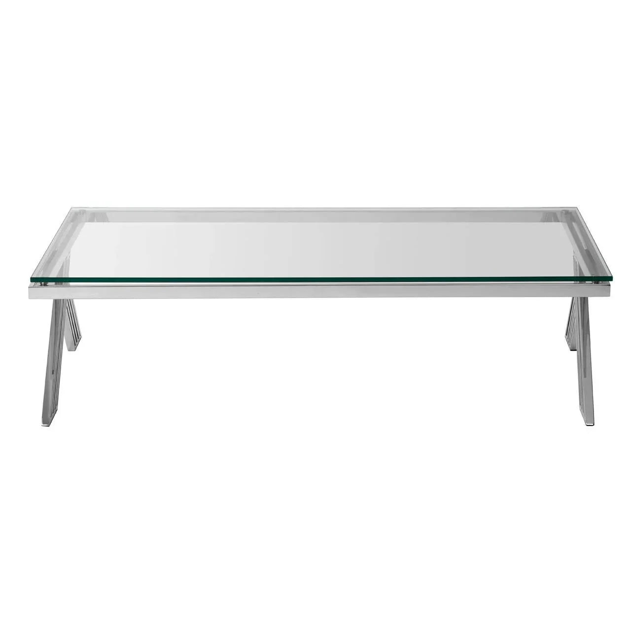 Modern glass coffee table with chrome metal legs, rectangular shape, front view