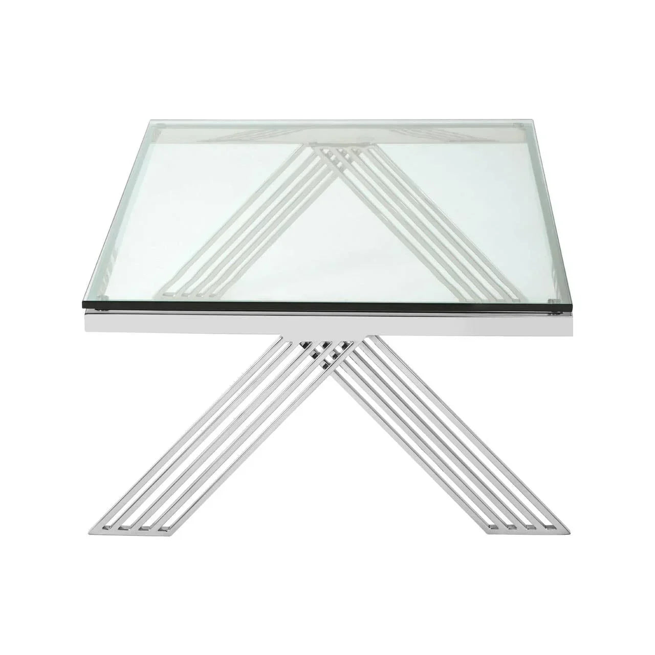 Glass dining table with square top and chrome geometric metal base