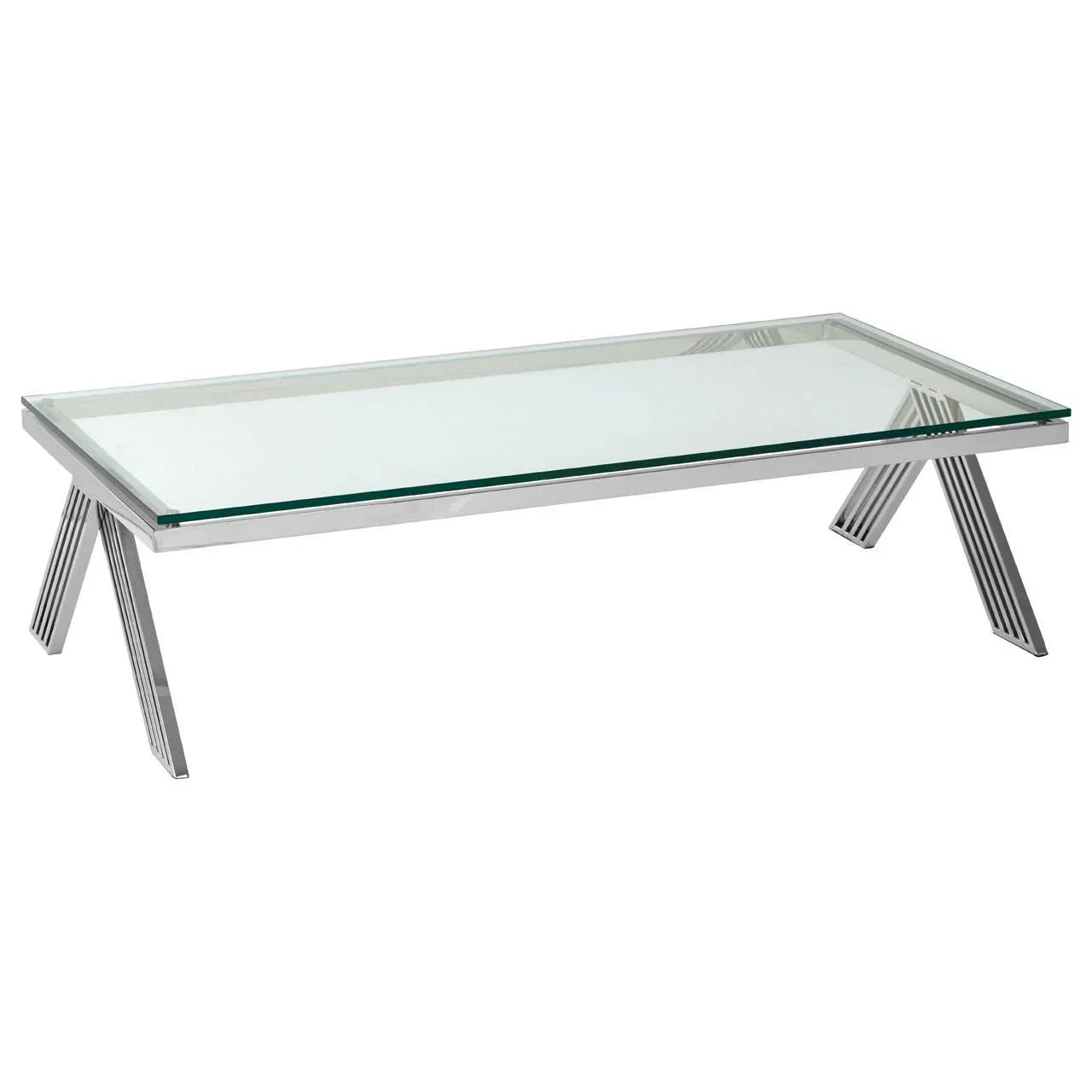 Rectangular glass coffee table with chrome metal legs, modern style, side angle view